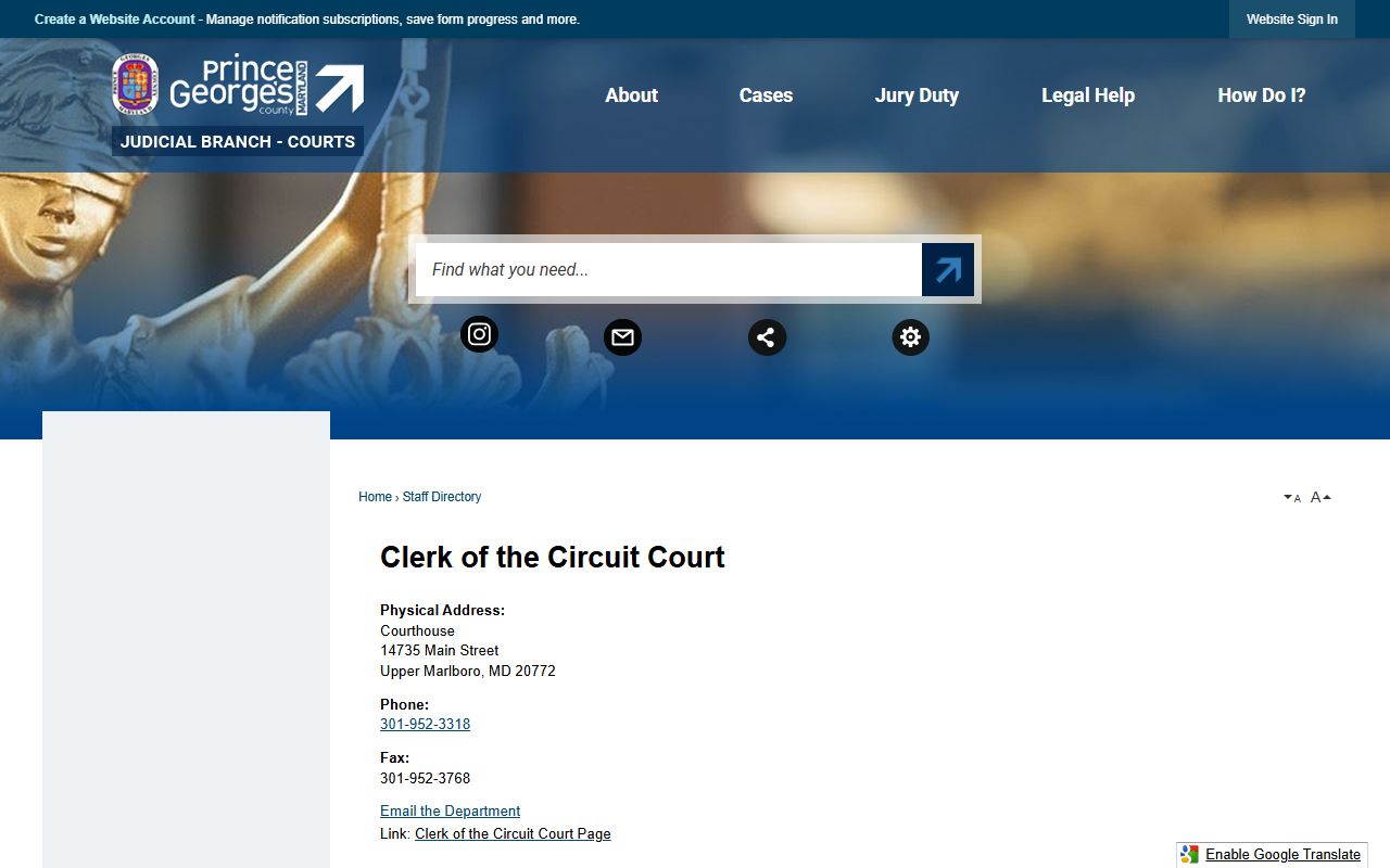 Prince George's County court dockets Clerk staff directory