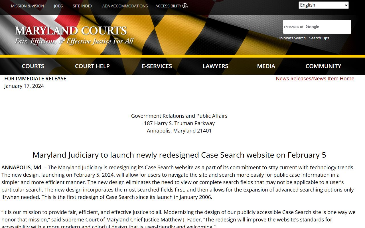 Prince George's County court dockets Case Search redesign notice