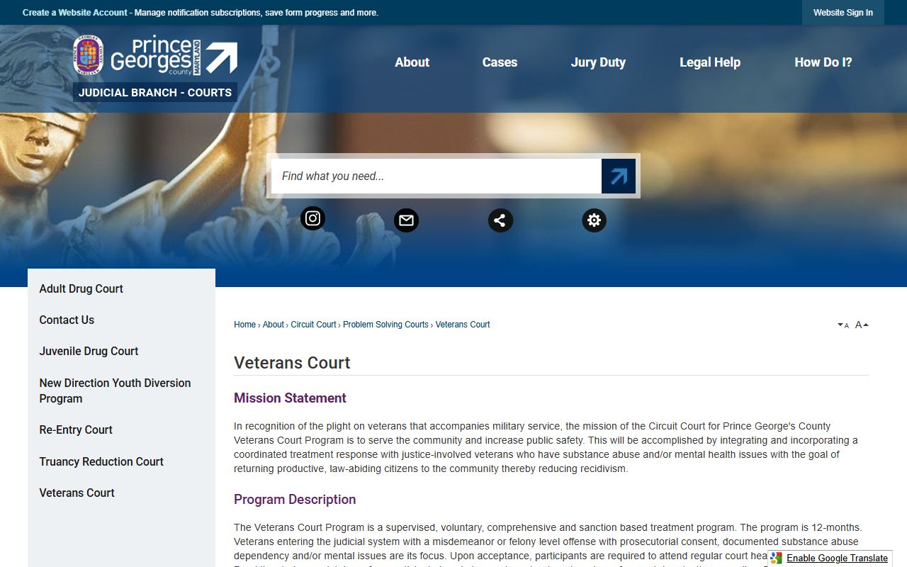 Prince George's County Veterans Court eligibility information