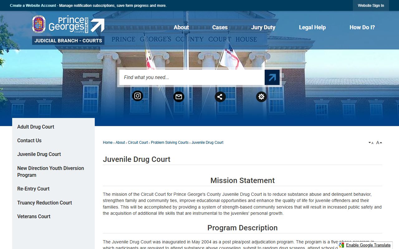 Prince George's County Juvenile Drug Court mission information