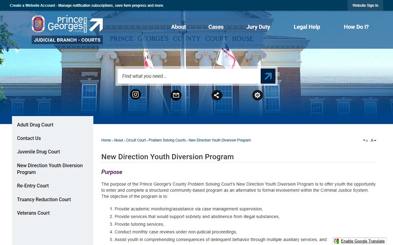 Prince George's County New Direction Youth Diversion Program details