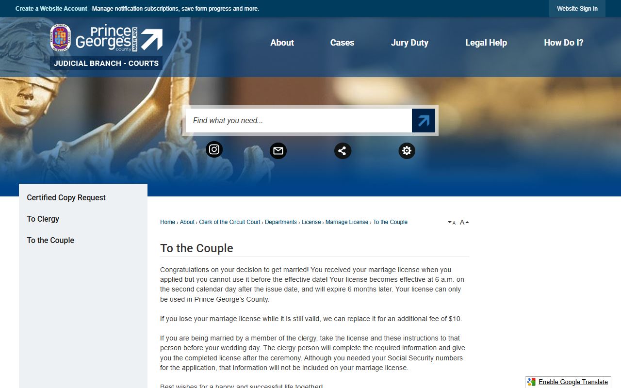 Prince George's County marriage records couple instructions