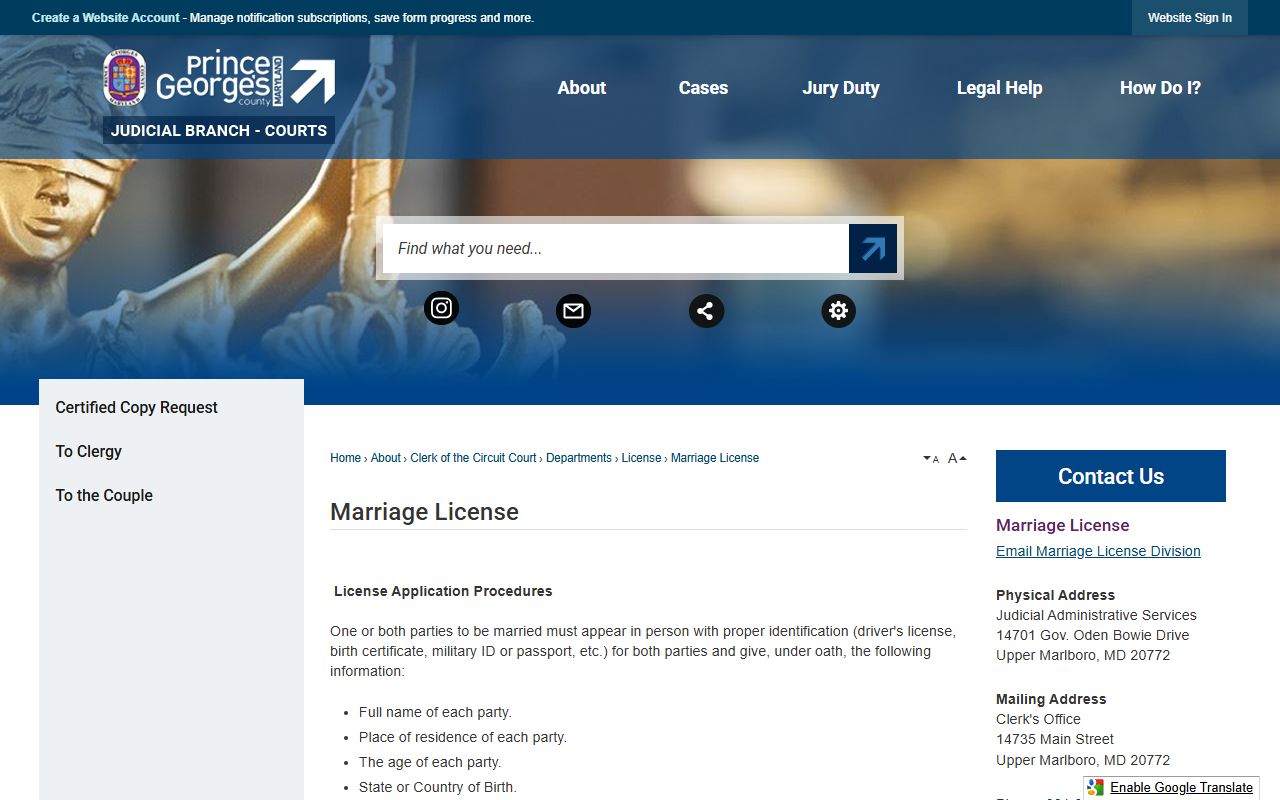 Prince George's County marriage records license page