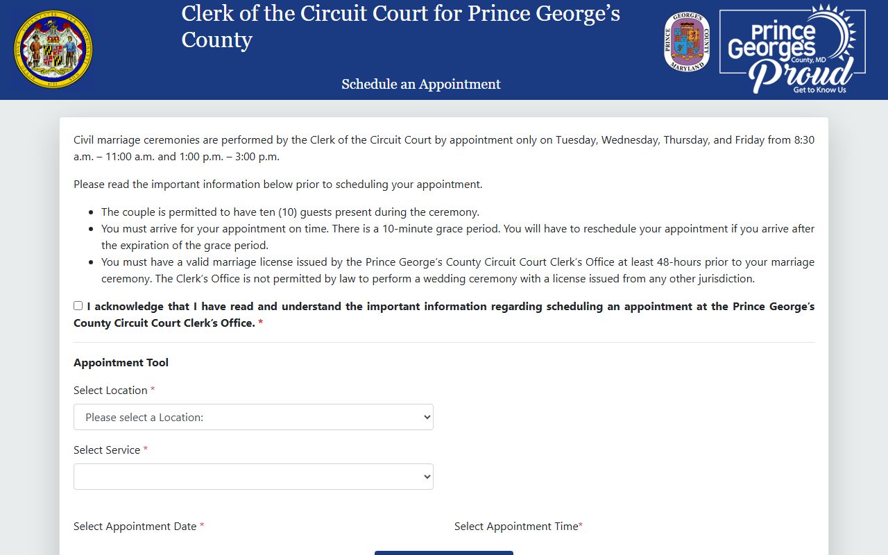 Prince George's County marriage records appointment page