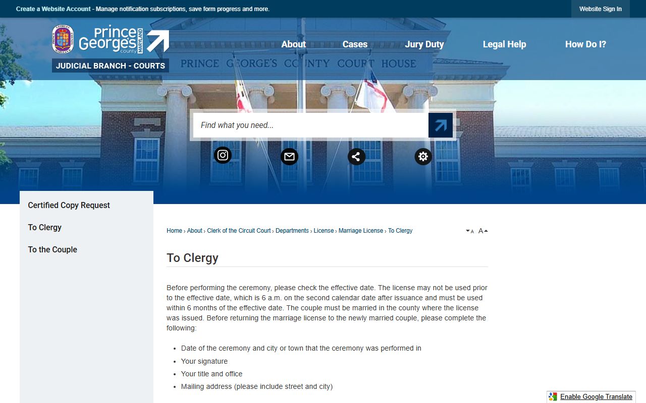 Prince George's County marriage records clergy instructions