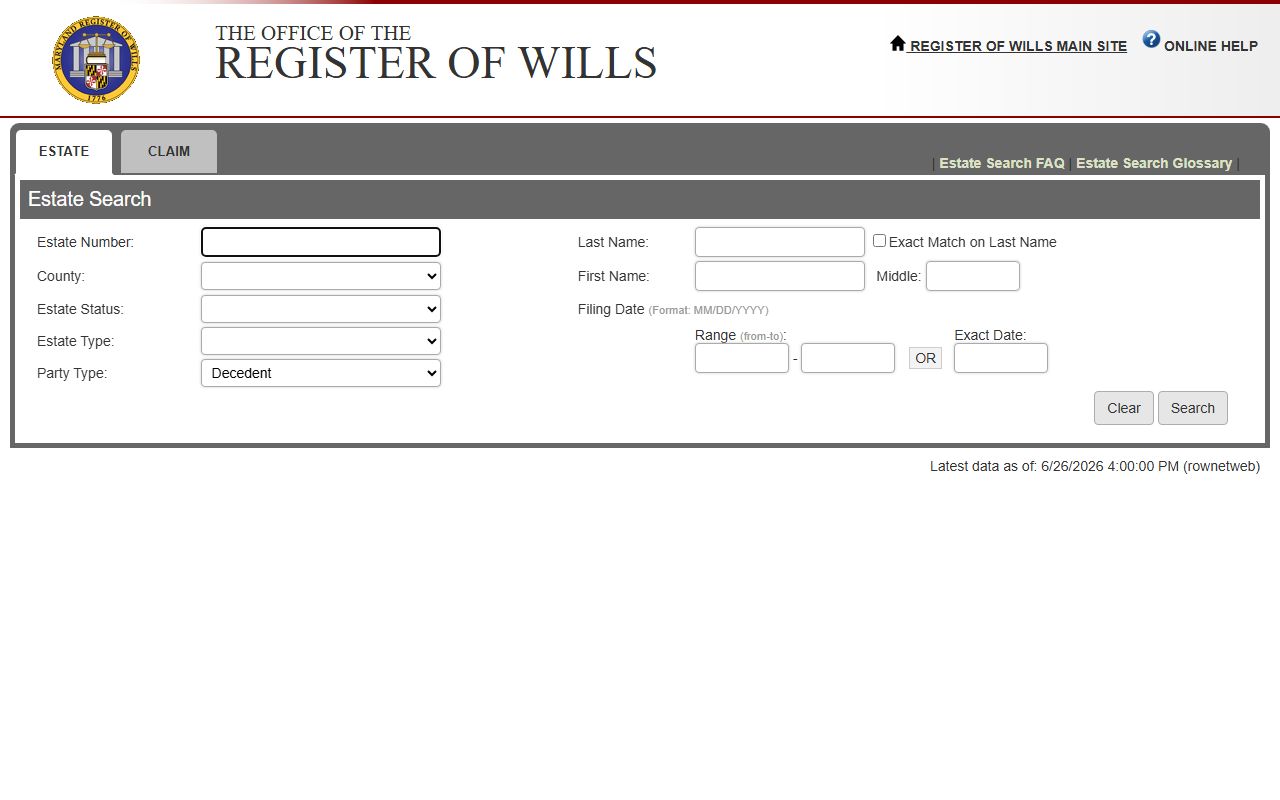 Prince George's County Orphans' Court estate search form