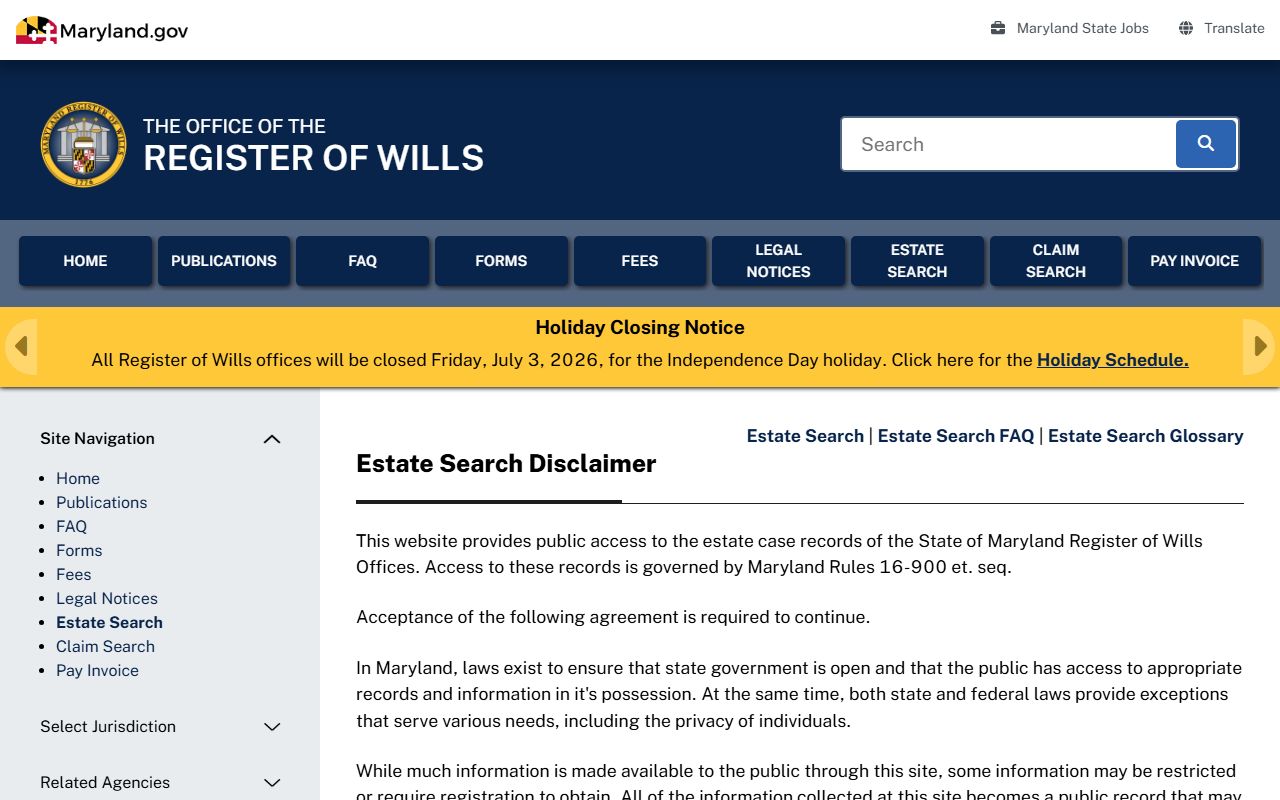 Prince George's County probate records Estate Search disclaimer