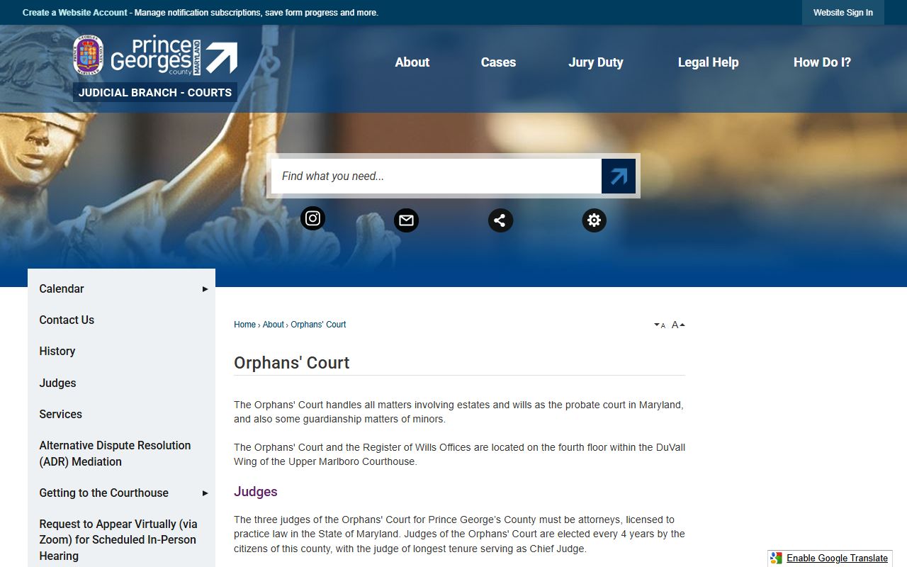 Prince George's County probate records Orphans' Court page