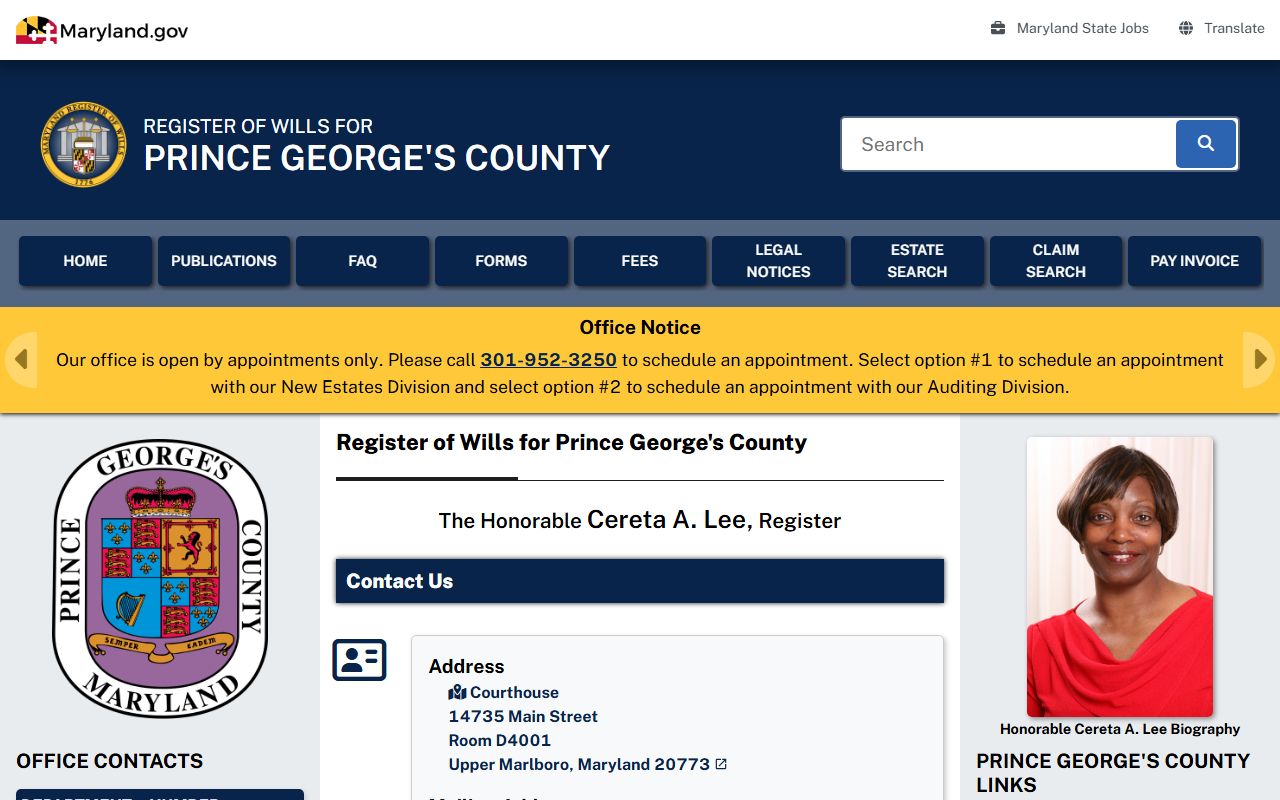 Prince George's County probate records Register of Wills page