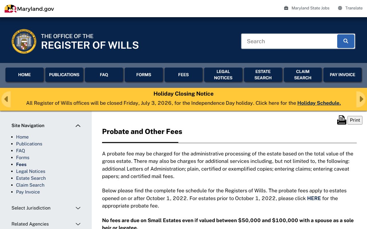 Prince George's County probate records fee schedule
