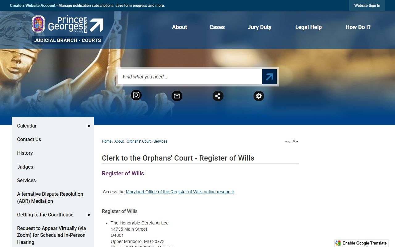 Prince George's County probate records Register of Wills services