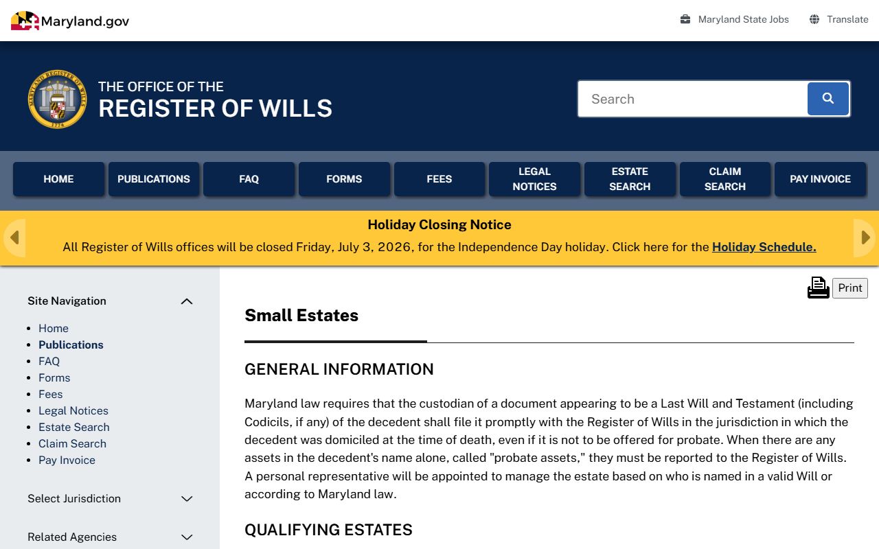 Prince George's County probate records small estate requirements