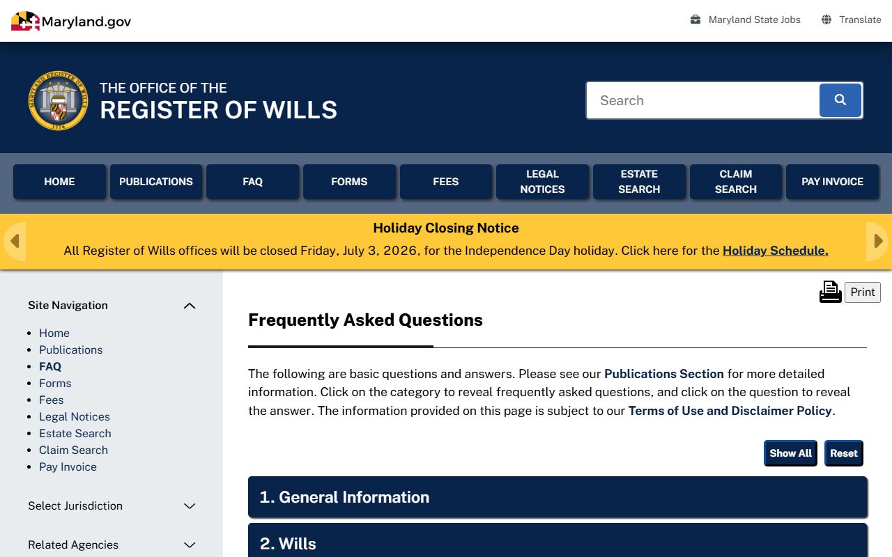 Prince George's County probate records Register of Wills FAQ