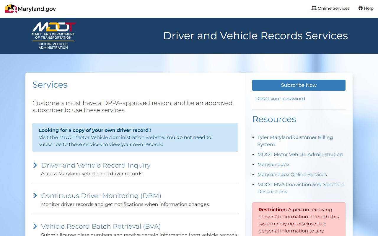 Prince George's County traffic court records MVA subscriber service