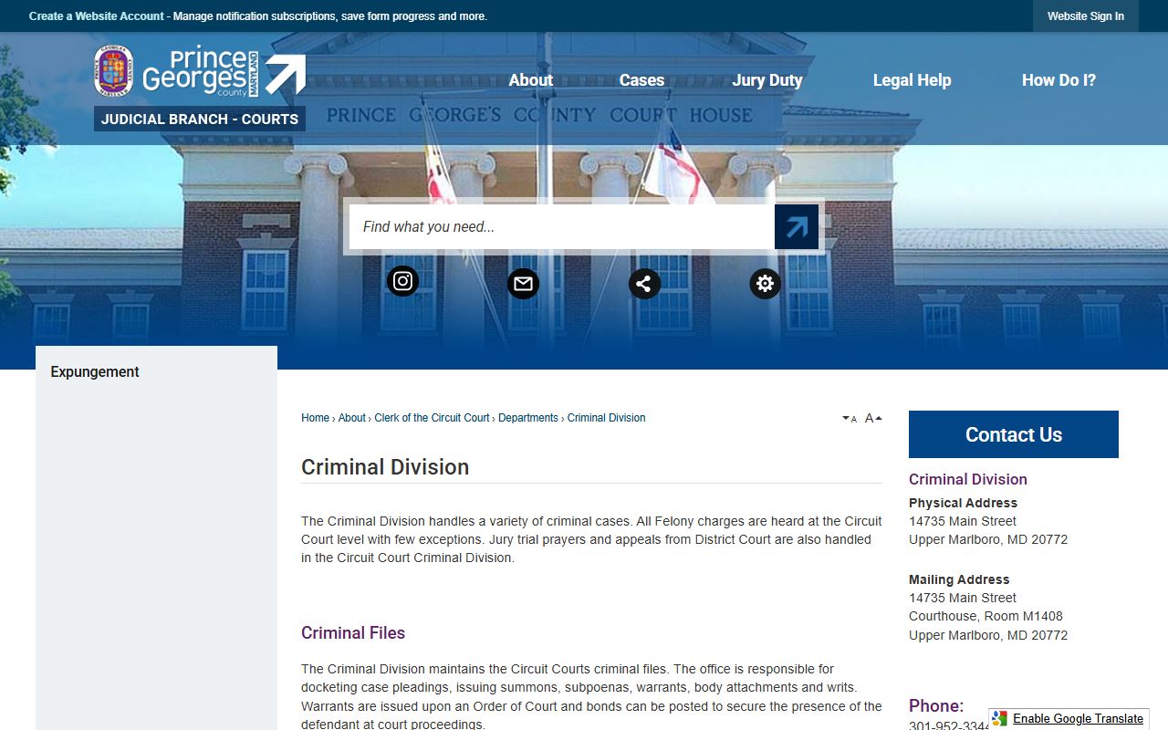 Prince George's County Criminal Division duties including warrants and bonds