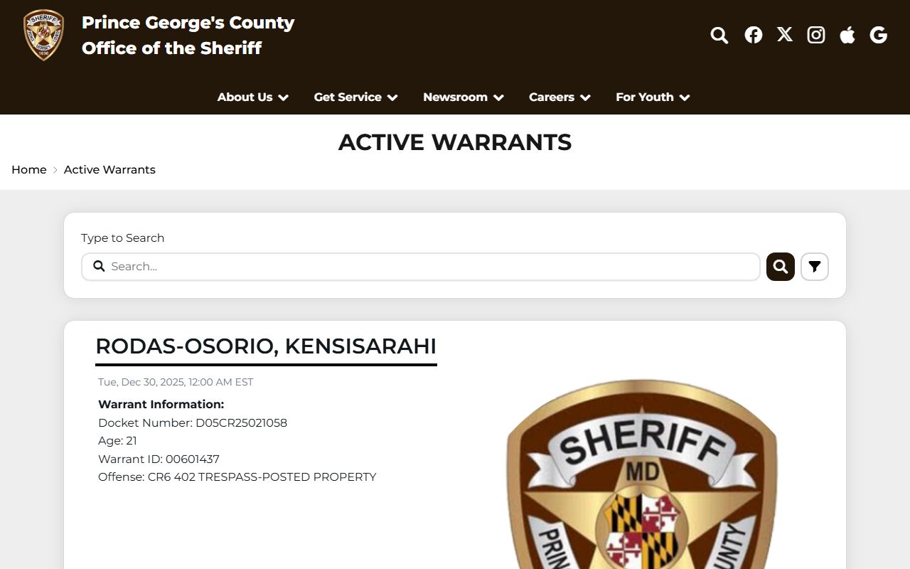 Prince George's County Sheriff's active warrants listing