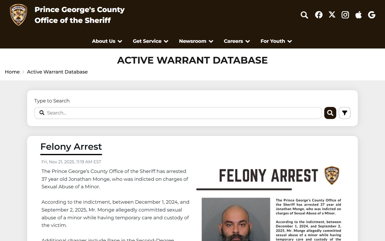 Prince George's County Sheriff's Active Warrant Database search box